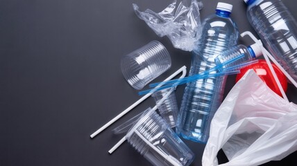Various plastic waste items, including bottles, cups, and bags, are scattered on a dark surface, highlighting the issue of plastic pollution