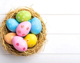 Obraz premium Colorful Easter eggs in a nest on a white background