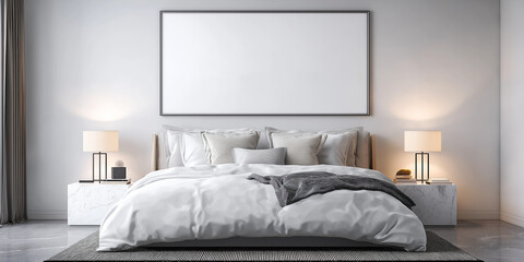 Modern bedroom with a large bed and blank picture.. Ideal for interior design blogs, home decor magazines, or real estate listings. A stylish modern bedroom showcasing a spacious bed and empty frame.