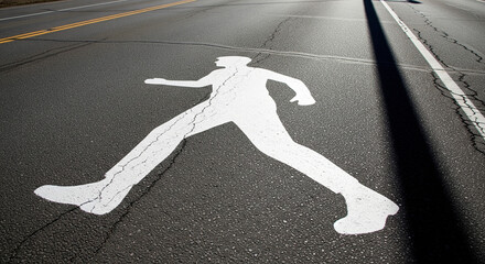 Oversized pedestrian crossing symbol painted on cracked asphalt road surface