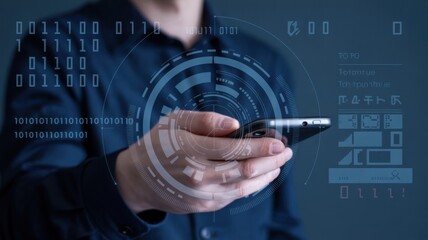 Man holding smartphone with digital data and information overlay representing technology, communication, and digital transformation in business and innovation
