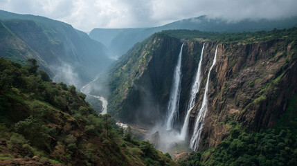 Jog Falls India, segmented vertical waterfalls, misty cliffs, cinematic wide shot