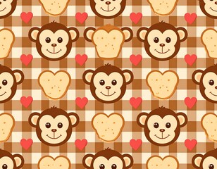 Obraz premium Cute monkey faces on a checkered background with slices of bread and hearts