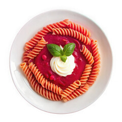 Delicious fusilli pasta with tomato sauce and creamy topping