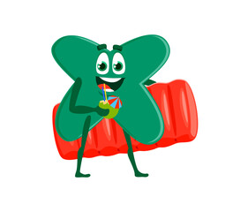 Cartoon math character of multiplication sign on summer vacations, vector personage. Funny mathematic multiplication equation sign with swimming pool mattress at sea or ocean beach with happy smile