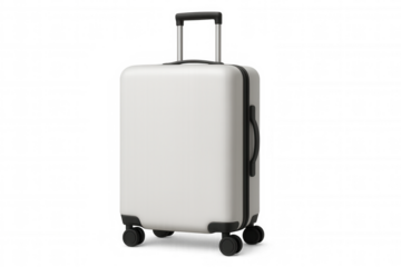 Photorealistic white suitcase with black handles and wheels, standing upright on transparent background, ready for travel