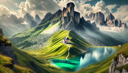 Majestic mountain landscape with a serene lake and a small house nestled on a green hill