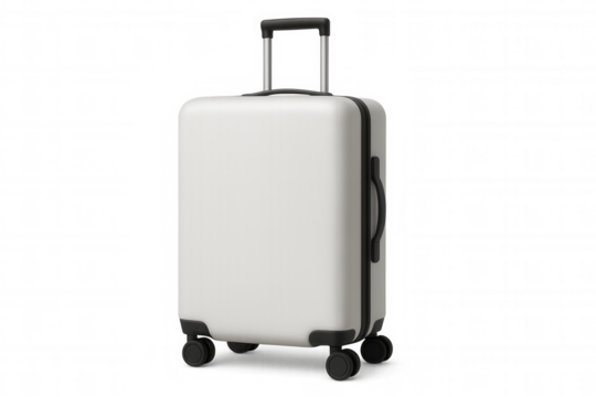 Photorealistic white suitcase with black handles and wheels, standing upright on transparent background, ready for travel