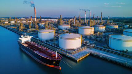 Aerial view of large oil refinery with storage tanks and tanker ship docked nearby, showcasing industrial infrastructure and energy production. scene conveys sense of scale and activity