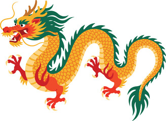  A vibrant pixel art depiction of a Chinese dragon, rendered in gold, green, and red hues