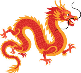 A vibrant, stylized depiction of a Chinese dragon, rendered in fiery shades of red and orange.