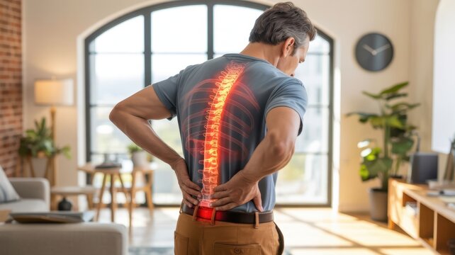Man experiencing back pain with highlighted spine, indicating potential injury, inflammation, or underlying health condition needing medical attention
