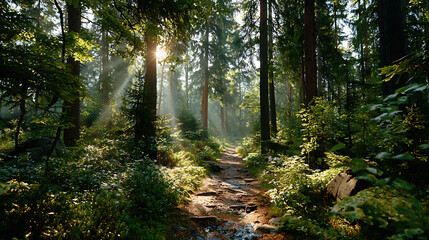Obraz premium Sunlit Forest Path Lush Green Trees and Sunlight Streaming Through