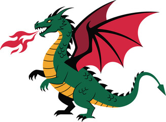 A vibrant illustration depicting a green dragon with maroon wings, breathing fire. 