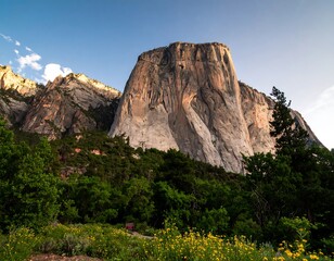 Majestic granite peak bathed in golden light