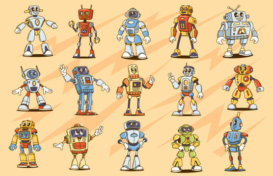 Cartoon groovy robot characters of retro hippie bot toys with happy smiles. Vector AI robot personages of vintage groovy humanoid cyborg, funky alien space transformer and humanoid droid personages