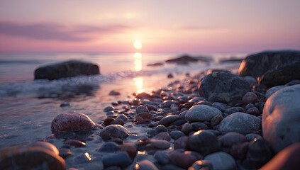 Obraz premium Sunset beach scene with rocks and ocean waves, warm light