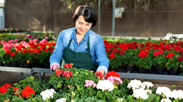 Gardener tending vibrant geraniums in greenhouse with floral business, and gardening concept.
