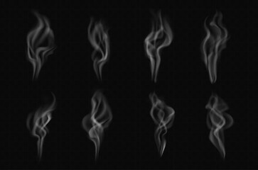 Hot coffee or tea steam. Vector realistic smoke set rising from hot coffee or tea. Transparent white swirls and curls of vapor, heat wave shapes with soft blurred effect isolated on dark background