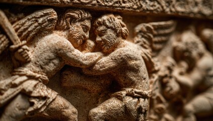 Ancient stone relief of winged figures in a fight, showcasing detailed texture and action