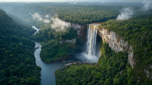 Kaieteur Falls Guyana, lush tropical rainforest, dramatic drop, cinematic aerial view