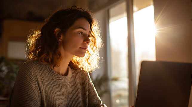 Woman working laptop home sunlight freelancer lifestyle technology job