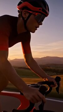 Competitive biker riding the road in nature landscape. Sport bike riding in helmet