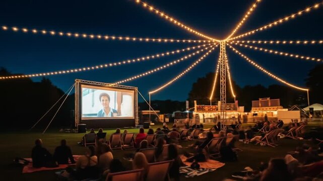 Captivating outdoor movie night with string lights ambiance and enthusiastic audience under the