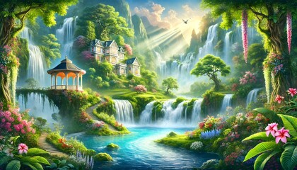 Enchanted fantasy landscape with cascading waterfalls, a gazebo, and a castle
