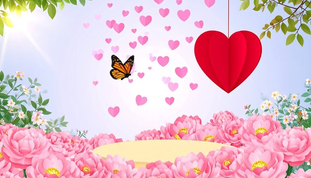 A charming floral scene with a heart-shaped lantern, butterflies, and falling hearts, set against a soft pastel backdrop.