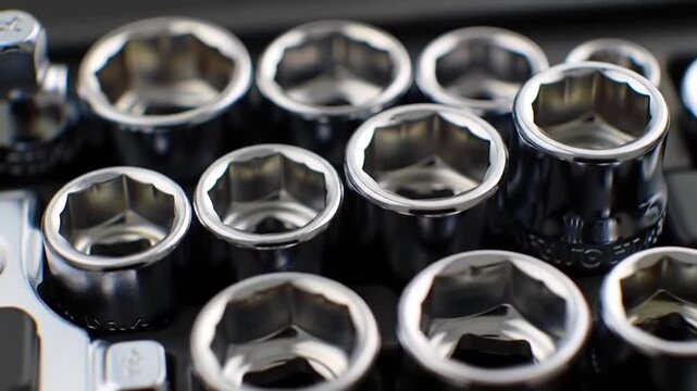 Close-up view of a collection of shiny metal socket wrenches in a tool set.