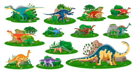 Jurassic era prehistoric dinosaurs in jungles. Dubreuillosaurus, aralosaurus, amurosaurus and pegomastax, monolophosaurus dinosaur funny vector characters, rainforest trees, bushes and fern plants