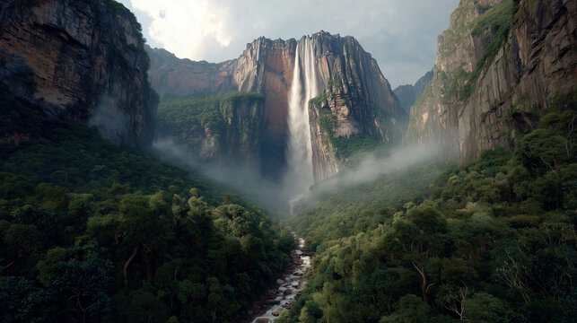 Majestic Angel Falls in Venezuela, tallest waterfall, misty jungle background, cinematic view, ultra realistic, 8k