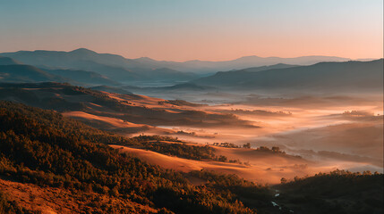 Misty Valley Sunrise An Aerial View of Golden Hour Light Over Rolling Hills