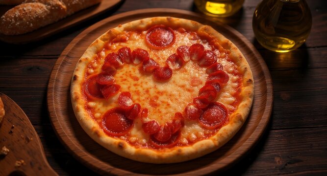 Heart shaped pepperoni pizza with melted cheese and golden crust image