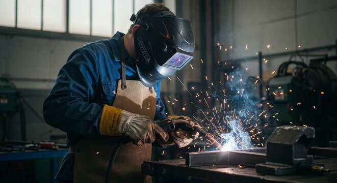 Welder working in a factory with sparks flying