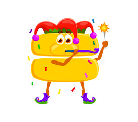 Birthday holiday celebration, cartoon math equals sign character. Kids education and arithmetic sign isolated vector cheerful personage. Math symbol funny character celebrating birthday in jester hat