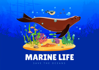 Save the oceans banner with cartoon sea animals and seaweeds, seal, cuttlefish, puffer fish and sunken ship silhouette. Vector underwater environmental and conservation marine life awareness