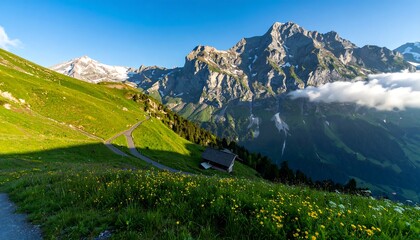 Obraz premium Lush alpine meadows cascade down a mountainside, showcasing a winding road, quaint mountain homes, and towering peaks, bathed in the golden light of a summer morning.