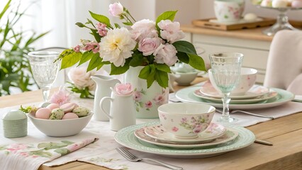A table setting with flowers and dishes in a bright environment