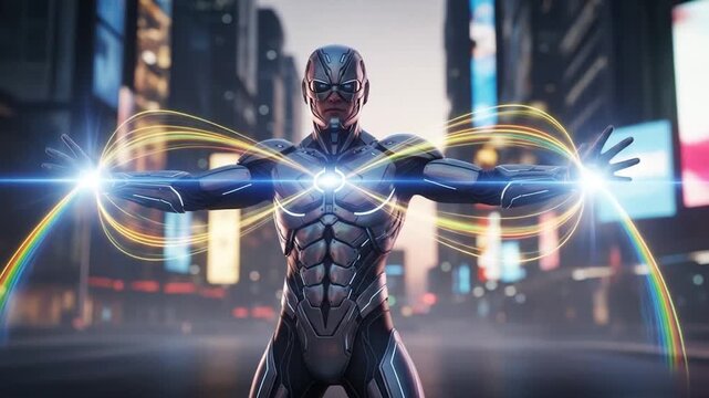 Futuristic superhero with energy powers in a cyberpunk city setting, ready for action