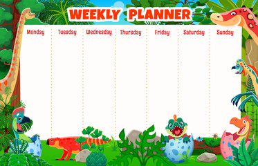 Kids weekly planner schedule with funny dino characters. School kids education lessons or week tasks organization schedule or planner vector template with prehistoric dinosaurs cheerful personages