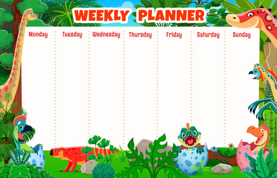 Kids weekly planner schedule with funny dino characters. School kids education lessons or week tasks organization schedule or planner vector template with prehistoric dinosaurs cheerful personages