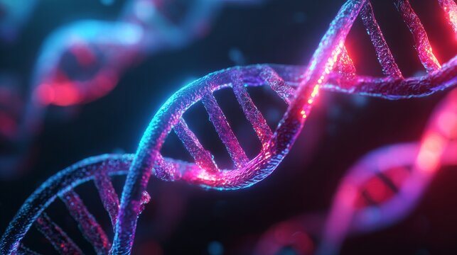 Futuristic glowing DNA double helix structure illuminated in neon purple and blue colors against a dark scientific background representing genetics and biotechnology innovation