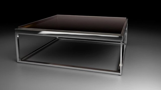 Modern square glass table with chrome frame against a dark backdrop