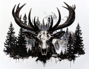 Majestic Deer Skull with Antlers – Minimalist Black and White Illustration"
