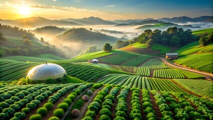 Lush Green Tea Plantation at Sunrise with Rolling Hills and Mist