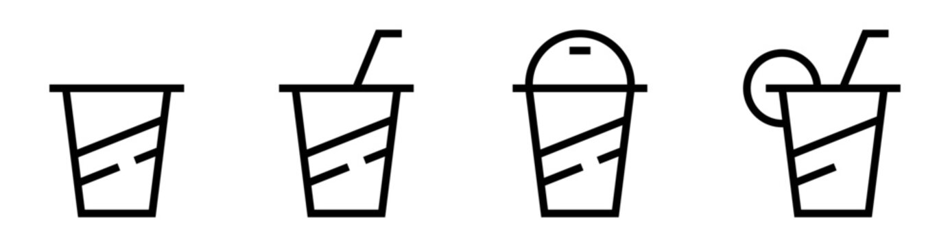 Conjunto de iconos de vasos. Bebida, refresco. Vaso simple, con sorbete, con tapa, estilo coctel. Ilustraci&oacute;n vectorial