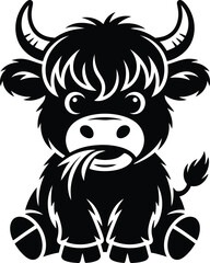 Fototapeta premium Cute Baby Highland Cow Eating Grass Silhouette – Vector Cartoon Animal Graphic
