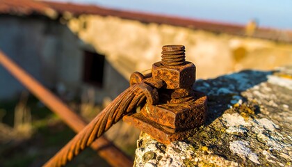 Close-up of a rusted metal bolt and nut securing a cable on a weathered stone surface, showcasing the effects of time and the elements.